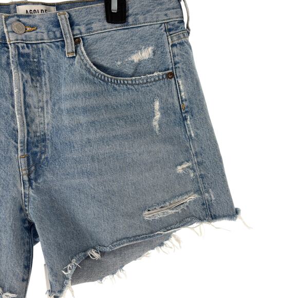 AGOLDE Blue Swapmeet Parker Long Distressed Denim Shorts - Picture 5 of 12